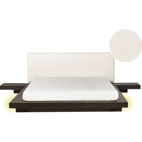 Letto moderno a LED con piattaforma comodini testata bouclé in frassino scuro 160 x 200 cm Zen