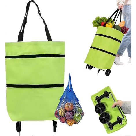 Chariot de courses pliable 2 en 1 à roulettes sac à provisions réutilisable chariot utilitaire pliable pour voyages vert linge (1/5)