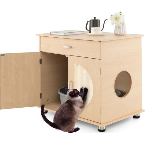Wooden Cat Litter Box Enclosure w/ Sisal Scratching Doors Hidden Cat Washroom (1/5)