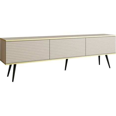 Meuble TV Avec Lamelles Beige, pieds Noir, 175 × 30 × 52 cm, Push to Open (1/5)