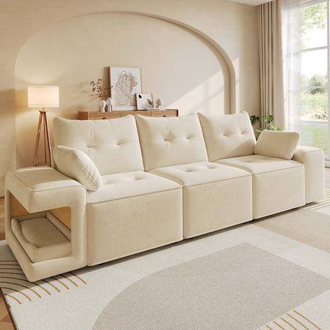 Canapé 3 places 229,5 x 78 x 84 cm - Velours beige - Coffre de rangement, niche animal, 2 coussins (1/5)