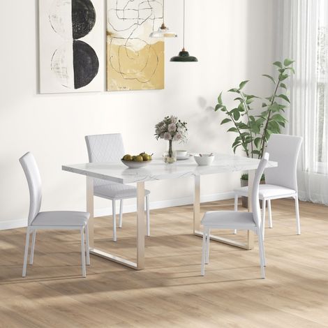 Chaise de salle a manger rembourrée en simili cuir blanc, dossier haut, structure metal, 41 x 50 x 91 cm (1/5)