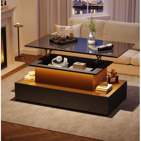 Tavolino da caffè 90x55x41 cm nero in pannelli truciolari con LED, 4 cassetti e piano estraibile (1/5)
