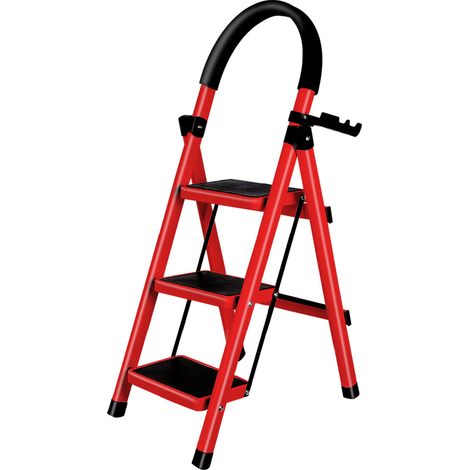 Escabeau professionnel 3 Marches Pliant, Escabeaux Pliant avec Marchepied Antidérapant et Large, avec Poignée, Sécurité - Idéal travaux, peinture, rénovation-Rouge (1/5)