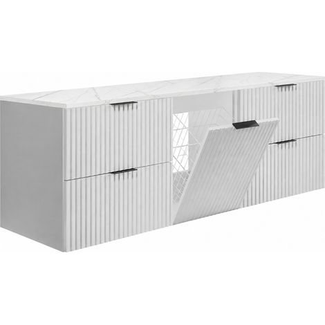 Mobile bagno sospeso sottolavabo con cesto portabiancheria, Bianco / piano rovere chiaro, maniglie dorate, 160 x 46 x 57 cm (1/5)