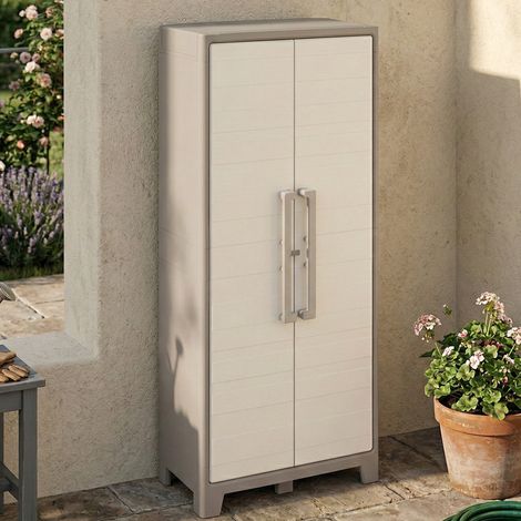 Dmora – Armoire de jardin imperméable 80x44x182 cm – Résine plastique durable – 4 étagères – Rangement extérieur pour outils et coussins (1/5)