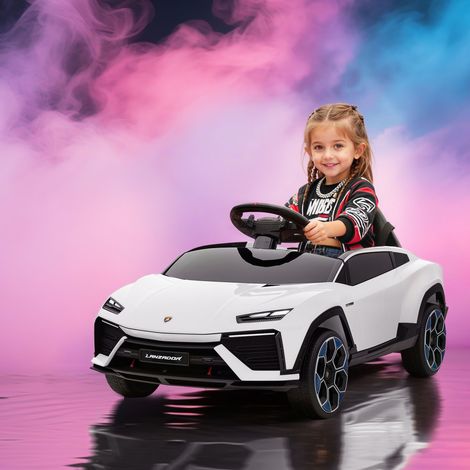 Voiture électrique Lamborghini sous licence pour enfants de 3 ans et plus, batterie 12 V, télécommande 2,4 GHz, double moteur, blanche