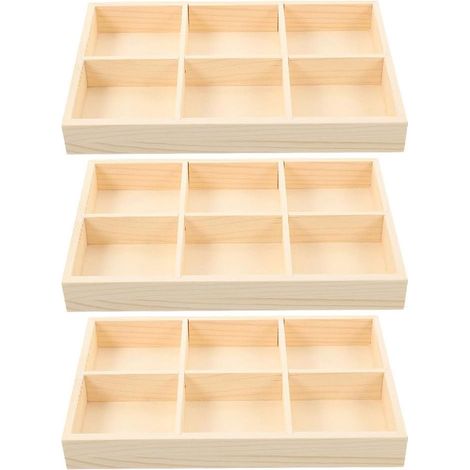Boîte de Rangement en Bois, 3 Pièces Plateau Bois Inachevé, 6 Compartiments Organisateur Bureau pour Crayons et Fournitures d'Art Bijoux Petits Câbles - (1/5)