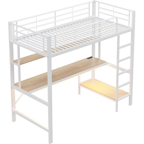 Lit mezzanine 90200 cm, garde-corps, échelle, avec USB et prise, éclairage LED, bureau, étagère à plusieurs niveaux, sans matelas, métal, blanc