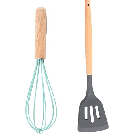 Ustensiles De Cuisine En Silicone - Poignées En Bois Résistantes À La Chaleur - Pour Casseroles Antiadhésives - Lot De 2 Pièces (1/5)