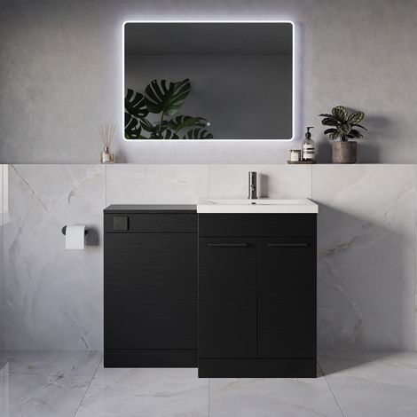 Napoli 390 Nero Oak 1100mm 2 Door Vanity Unit Toilet Suite with Glide Basin - 1100mm - Gunmetal Grey 160mm HandleWithout Kingston Toilet Pan