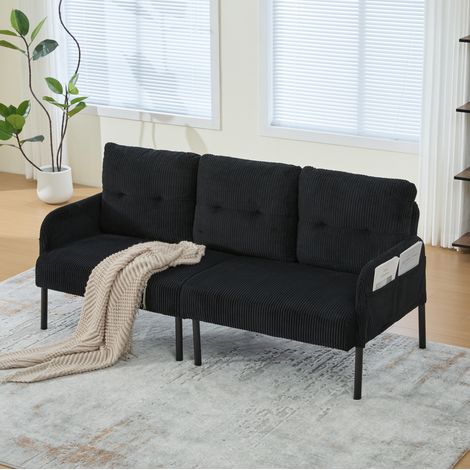 Sofá de 3 plazas en pana negra 171 x 72 x 80 cm con bolsillo lateral (1/5)