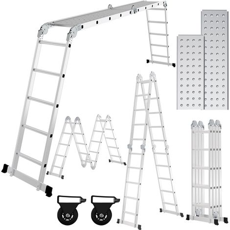 Jiubiaz Escalera multifuncional 7 en 1 de aluminio, 4x5 peldaños, aprox. 582 cm / 5,8 m, plegable, 2 plataformas + 2 ruedas, carga máxima 150 kg (1/5)