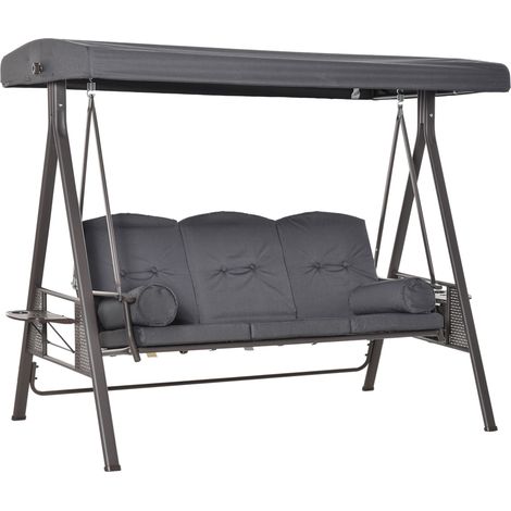 Dondolo da Giardino 3 Posti con Tetto Regolabile, Portabicchieri e Cuscini, 208x120x172 cm, Grigio