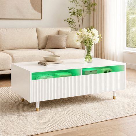 Mesa de centro LED 110 x 50 x 40 cm con 2 cajones, MDF, blanca HAVRYA (1/5)