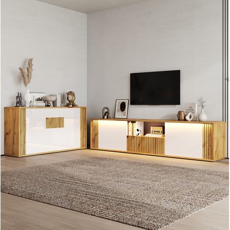 Set mobile soggiorno 180x40x51 cm e 140x35x71 cm, per TV fino a 75 pollici, LED Bluetooth, MDF e truciolato, bianco e legno (1/5)