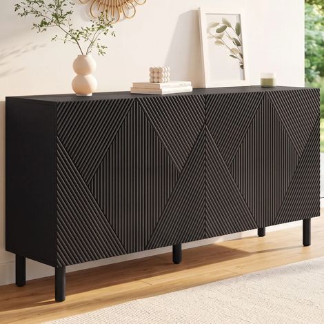 Aparador HIMARA 160 cm, 4 puertas, listones geométricos de madera negra (1/5)