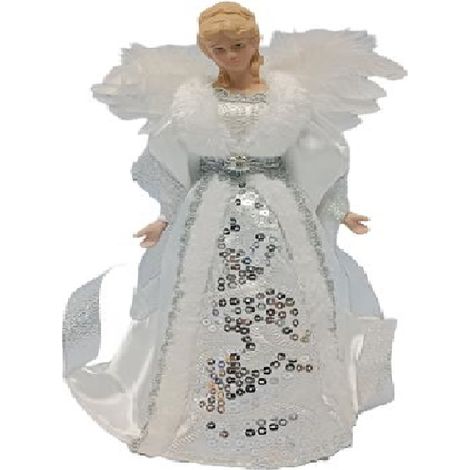 Angelo Decorativo in Tessuto Bianco e Argento puntale per albero di natale h 29   vestito Elegante Pelliccia e Ricami Argentati (1/4)