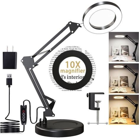 Loupe avec lumière et support, lampe loupe 10X, loupe de bureau éclairée par LED 2 en 1 avec lumière, lampe artisanale avec 3 modes de coul pour les travaux rapprochés, la lecture, les répar (1/5)