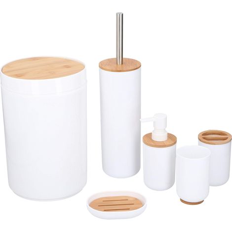 Ensemble de Toilette - 6-Pièces - Distributeur de Savon - Porte-Brosse à Dents - Brosse de Toilette - Corbeille à Papier - Porte-Savon - Tasse - Bambou - Blanc (1/5)