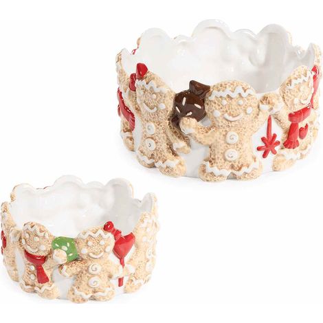 Vasi / contenitori di Natale in ceramica con decorazione biscottini pan di zenzero in rilievo in set da due pezzi, Grande: Ø 18,5 cm x 9,5 H