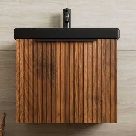 Fluted 500mm Bathroom Vanity Unit Basin Wall Hung Cupboard Soft Close Walnut (1/5)