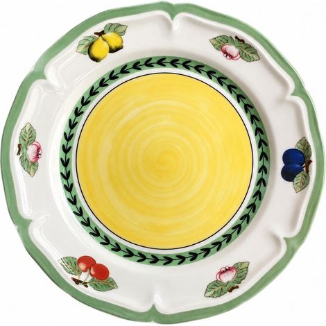 Assiette ronde en céramique de 20,5 x 2 cm, bord vert, motif jardin. (1/5)