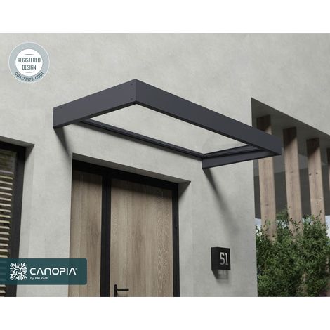 Palram – Marquise de porte Sophia 215 x 95 cm – Panneau acrylique 4 mm résistant aux chocs – Structure en aluminium laqué gris anthracite – Système d'assemblage sans vis