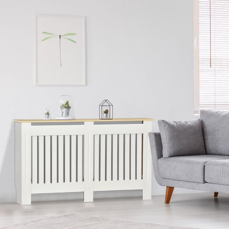 Cache-radiateur 152 x 19 x 83 cm en MDF avec système anti-basculement, design moderne blanc pour salon et chambre.