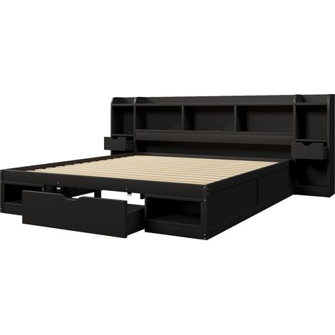 Plattformbett 180 x 200 cm Schwarz mit Stauraum, 3 Schubladen, LED und USB-Anschluss (1/5)