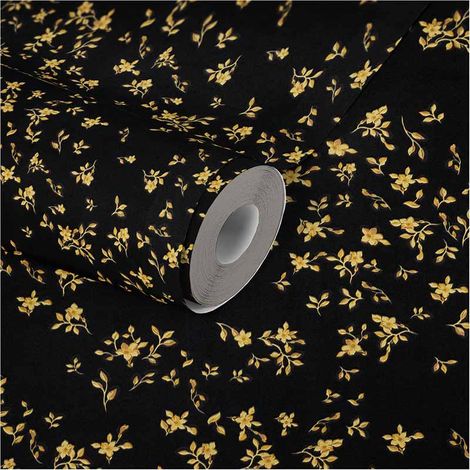 Papier peint fleuri doré sur fond noir Tapisserie intissée style anglais pour chambre chic Papier peint fleuri pour salon (1/5)