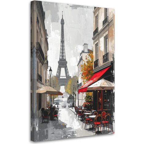 Toile Imprimée, Cafés français avec la Tour Eiffel en arrière-plan,30x45 (1/4)