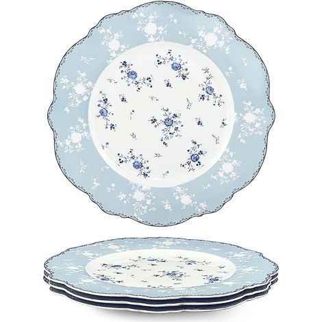 Lot de 4 assiettes plates en porcelaine fleurs bleues 27,5 cm