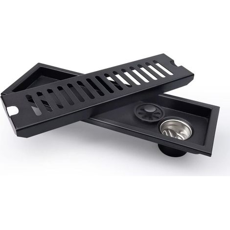 Noir - siphon de sol rectangulaire, siphon de sol de douche 30 x 10 cm, siphon de sol noir avec grille en acier inoxydable, convient pour WC, salle de bain, cuisine, balcon