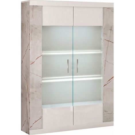 Vitrine 2 portes + Led blanche et aspect marbre gris-brun - NERVY (1/4)
