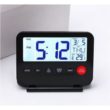 Digital alarm clock, portable folding alarm clock, multi-functional travel alarm clock, 12/24-hour time display, soft backlight, Celsius/Fahrenheit display, snooze function.