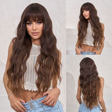 Perruque longue en cheveux naturels, compatible avec les femmes ayant une raie au milieu.