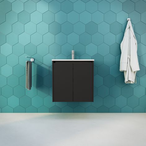 Inda - Badezimmerschrank B.60 mit glänzendem/mattem schwarzem Waschbecken, 2 Türen - Saphir