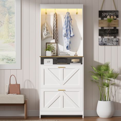 Scarpiera da ingresso 70x24x180 cm con LED, 2 ante a ribalta, ganci, pannello truciolato bianco e naturale (1/5)