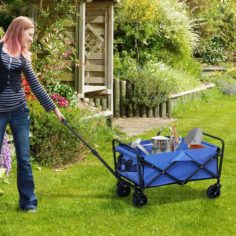Chariot de jardin pliable à roulettes, poignée télescopique réglable, capacité de charge de 100 kg, idéal pour le camping et les courses, 64 x 42 x 27 cm, bleu