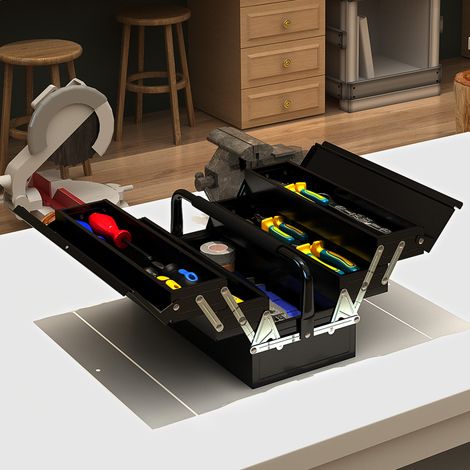 Caja de Herramientas Metálica Plegable con 5 Bandejas y Asa para Taller Garaje 45x20x34,5 cm Negro (1/5)