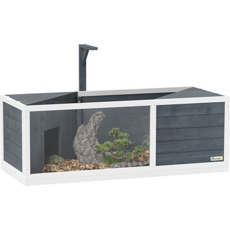 Schildkrötenhaus mit aufklappbarem Dach, Lampenfassung, Schale und Panoramafenster, 120 x 50 x 40 cm, grau