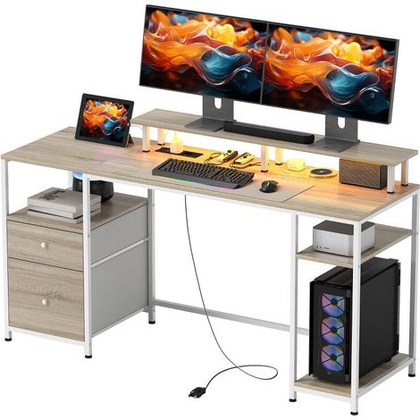 Scrivania per computer, LED regolabile, 2 prese, USB, cassetti e ripiani, 155,5x48x88,5 cm, legno naturale (1/5)