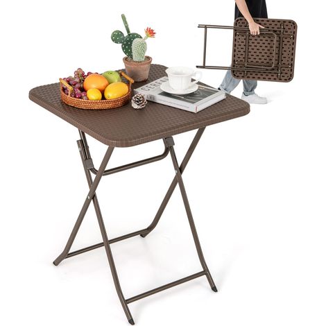 COSTWAY Rattan Textured Folding Picnic Table Portable Indoor Outdoor Table-Brown (1/5)