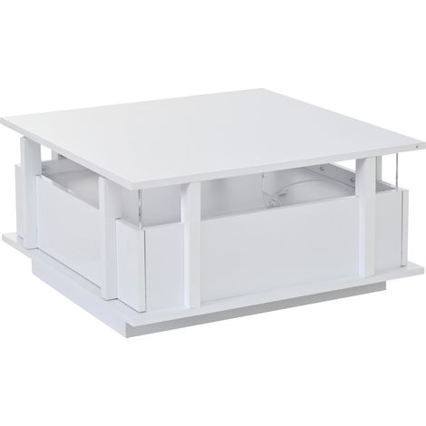 Table basse carrée blanche brillante 70 x 70 x 35 cm avec LED, 2 tiroirs et séparateurs en acrylique transparents (1/5)