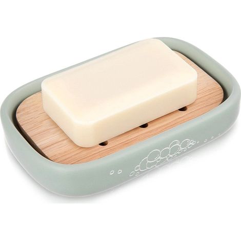 Mint Green Synthetic Stone Soap Dish with Bamboo Base (1/5)