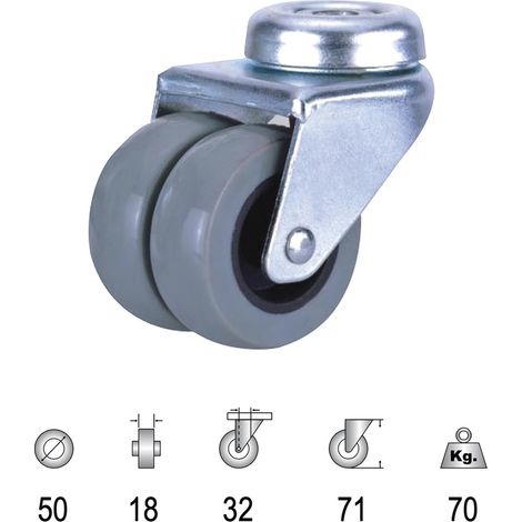 Roue Domestique Double Polyamide Gris Traversant 50mm