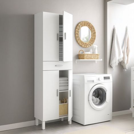Dmora Armario multifunción Oxnard, Mueble para baño o lavadero de 4 puertas y 1 cajón, Zapatero multiusos, cm 60x29h182, Blanco brillante, con embalaje reforzado (1/5)