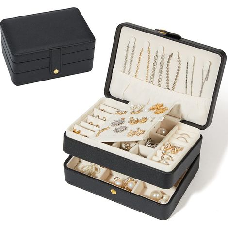 Kleine Schmuckschatulle, Reiseorganizer, tragbare Schmuckschatulle, ideal als Geschenk für Frauen und Mädchen, doppellagiges Schmuckkästchen aus PU-Leder für Ringe, Ohrringe und Halsketten – Schwarz (1/5)