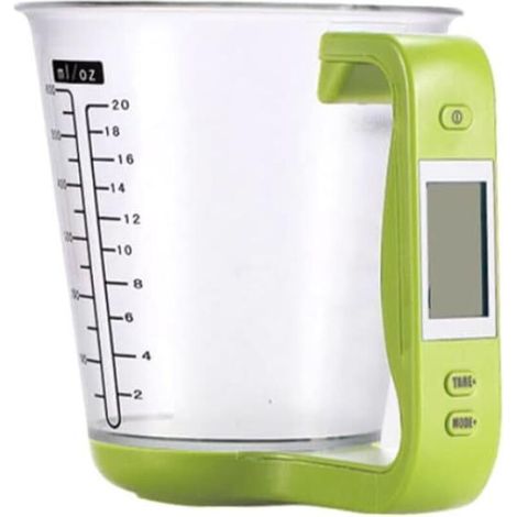 Verre doseur électronique multifonction pour cuisine, avec écran LCD amovible, permettant de mesurer le poids, la température et le volume. Couleur verte.